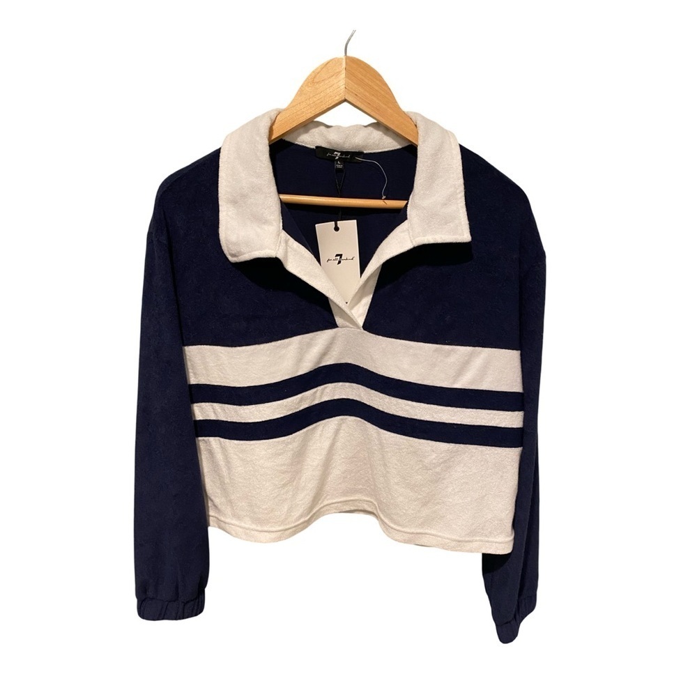7 For All Mankind Navy and White Terry Cloth Polo Crop Top NWT Size L